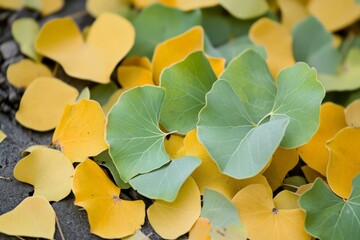 Poster - An array of delicate ginkgo leaves scattered across the ground, displaying a beautiful transition from lush green to soft golden colors, representing nature's cycle.