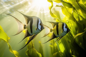 Aufkleber - An underwater scene depicting two graceful banded angelfish navigating through sunlit kelp, capturing the beauty and serenity of marine life in their natural habitat.