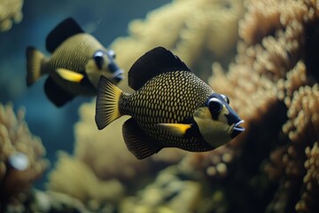 Poster - Two captivating fish swim together in a detailed coral reef habitat, showcased with stunning visuals, capturing the diversity and wonder of marine life in motion.