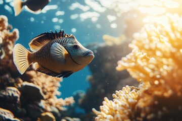 Poster - A solitary fish swims amidst vibrant ocean coral gardens, sunlight casting a shimmering glow, creating a serene and magical underwater realm full of life and color.