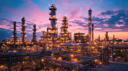 Fototapete - Oil refinery plant processing petroleum at twilight illuminating the industrial landscape