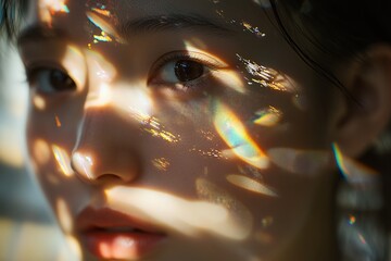 Aufkleber - An artistic close-up of a woman's face adorned by abstract light reflections, emphasizing beauty, mystery, and creativity with a harmonious blend of colors and texture.