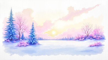 Wall Mural - Winter sunrise with pink and orange hues over frosty trees