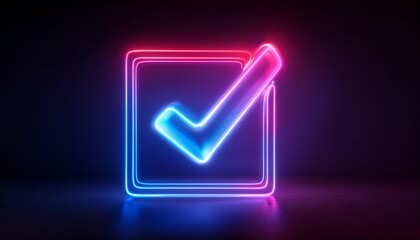 Poster - A glowing neon checkmark inside a square outline, radiating vibrant pink and blue colors against a dark background.