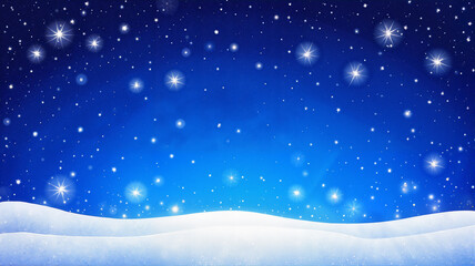 Starry blue night sky with snowy hills