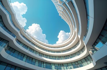 Poster - Modern curved office building with geometric design. Bottom view of courtyard-well, sky. Abstract wavy facade with glass, steel balconies. Circular structure with multiple levels. Stylish futuristic