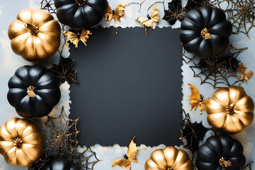 Canvas Print - halloween party background with paper card and fashion black and gold pumpkins with party decoration