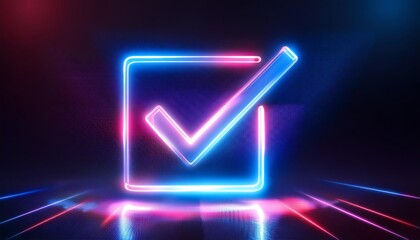 Poster - A glowing neon checkbox with a checkmark, set against a dark, illuminated background, conveying a sense of approval or completion.