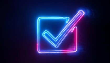 Poster - A glowing neon checkmark inside a square outline, radiating blue and pink colors against a dark background.