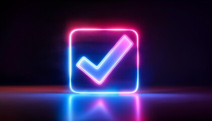 Poster - A neon checkmark icon against a dark background, symbolizing approval or completion with glowing pink and blue colors.