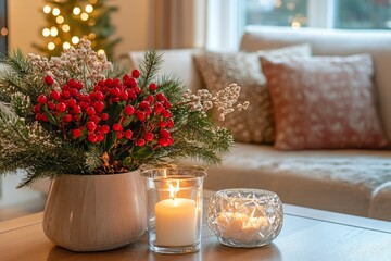 Poster - Festive Christmas Decor With Candles And Berries