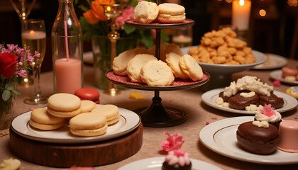 Wall Mural - Elegant dessert table featuring assorted cookies and pastries for a festive celebration, spritz cookies