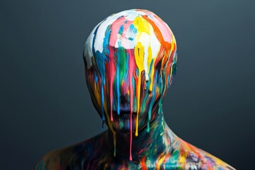 Poster - A striking portrayal of a figure covered in thick multicolored paint drips, abstractly capturing the essence of dynamic movement and emotional depth.