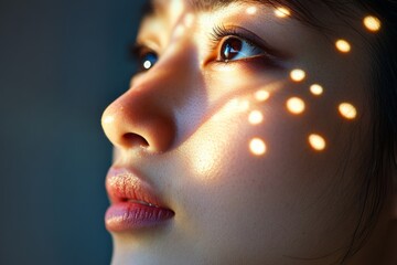 Poster - A close-up portrait of a person's face with sunlight creating dappled patterns across their skin, showcasing their deep and reflective gaze upwards.