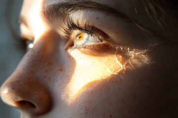 Aufkleber - An intense close-up of an eye reflecting light, surrounded by delicately cracked skin texture, symbolizing resilience, beauty, and introspection in vivid detail.