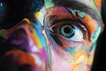 Aufkleber - A colorful close-up view showing a blue eye with vibrant paint strokes in various hues covering the face, emphasizing creativity and artistic expression.