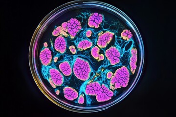 Poster - A visually striking petri dish holds an intricate, artistic pattern of bright pink and blue cells interconnected by delicate neon lines, reflecting scientific exploration.