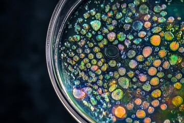 Poster - A vibrant image filled with iridescent bubbles captured in a circular container, merging art and science with a mesmerizing explosion of colors and textures.