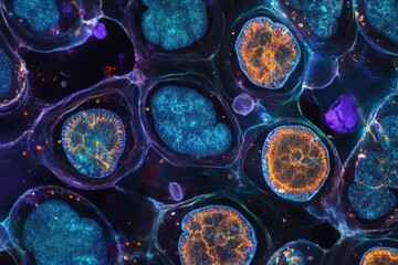 Poster - A mesmerizing microscopic image displaying neon-colored cells with vibrant structures, illustrating the intricate complexity of cellular formations and scientific beauty.