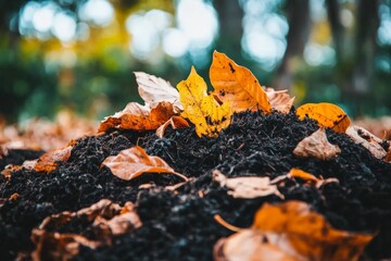 Poster - A dynamic image with vibrant autumn leaves scattered across moist earth, capturing the essence of fall and contrasting alive colors against a mysterious background.