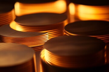 Aufkleber - An array of bronze metallic discs illuminated in warm glowing light creates a captivating display emphasizing their smooth texture and curved design.