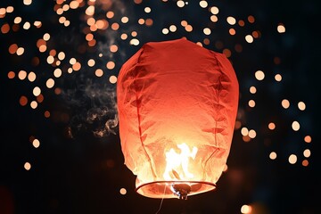 Aufkleber - A glowing red sky lantern illuminated from within, gracefully ascending into the night sky amidst a vibrant sea of glowing sparkles, symbolizing hope and dreams.