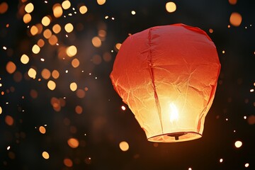 Aufkleber - A vibrant red lantern illuminates the dark night with a vivid light, surrounded by the festive sparkle of floating lights, epitomizing joy and celebration.