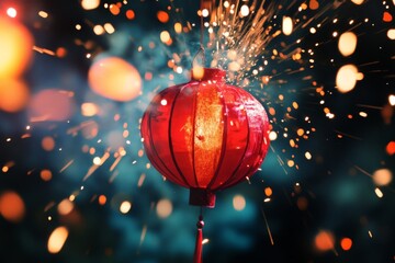 Poster - A glowing red lantern is highlighted against a backdrop of sparking fireworks, creating a dynamic and captivating scene of excitement and tradition.