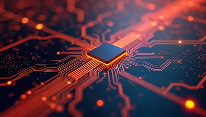 Poster - Glowing orange, red circuit lines create futuristic pattern on dark tech background. Central processor chip glows. Abstract representation of data flow. High-tech design, energy, innovation, system
