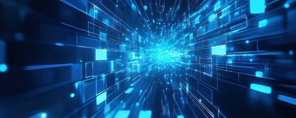 Poster - Abstract geometric tech background shows blue glowing shapes. Dynamic lines, glowing tech squares form tunnel effect. Futuristic tech concept. Intricate pattern suggests innovation, progress. Deep