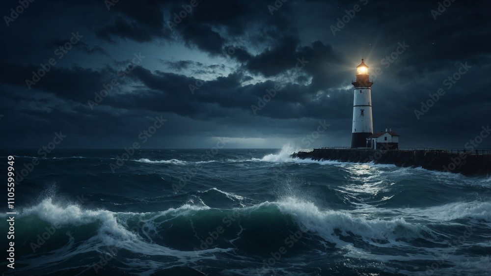 Lighthouse Shining Bright on a Stormy Night Stock Photo | Adobe Stock