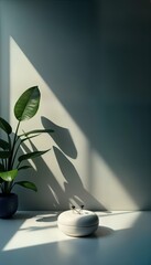 Poster - Indoor scene features soft light, shadows on light grey wall. Houseplant with large green leaves sits in dark blue pot. Round white object rests on surface, displaying minimalist design. Natural