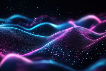 Poster - Abstract tech background shows glowing particles forming wavy patterns. Colorful digital waves glow in dark space. Futuristic, dynamic design. 3D rendering style. Suitable for tech presentations,