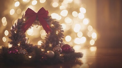 Poster - Blank holiday card with a Christmas wreath and soft bokeh lights, set on a table with pine needles and ornaments, creating a warm and inviting holiday scene.