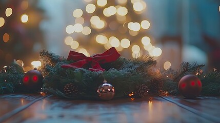 Poster - Blank holiday card with a Christmas wreath and soft bokeh lights, set on a table with pine needles and ornaments, creating a warm and inviting holiday scene.