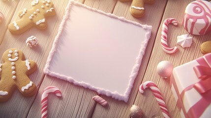 Poster - Blank holiday card with Christmas elements like gingerbread cookies, candy canes, and ribbons, set on a wooden table, inviting warm wishes.
