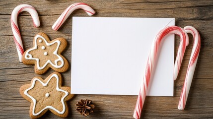 Poster - Blank holiday card with Christmas elements like gingerbread cookies, candy canes, and ribbons, set on a wooden table, inviting warm wishes.