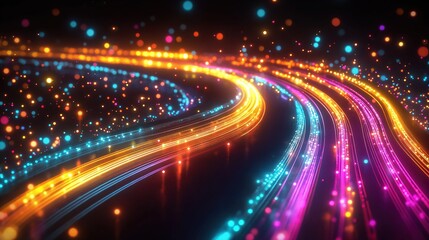 Poster - Abstract tech background shows colorful light trails. Moving lines create dynamic effect. Image evokes fast speed, futuristic design. Ideal for tech concepts, web design, advertising graphic design.