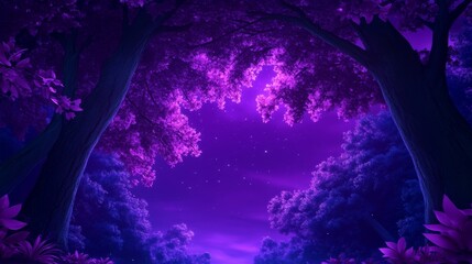Wall Mural - enchanted forest with purple glowing trees and starry night sky