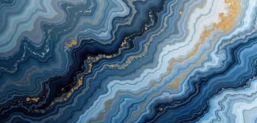 Poster - Abstract design with flowing patterns in cool blue, grey tones. Gold specks add touch of luxurious detail. Rippling effect suggests sense of movement like liquid smooth surface. Modern texture with