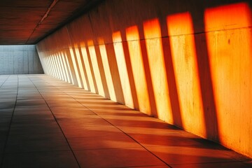 Fototapete - A beautifully abstract play of sunlight creating an array of orange shadows along a concrete wall, evoking a sense of warmth and creative design flair.