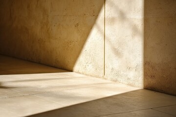 Poster - A sunlit indoor corner with soft shadows playing on a plaster wall, creating a serene and peaceful atmosphere with a gentle, artistic touch.
