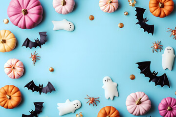 Canvas Print - halloween holiday frame with party decorations of pumpkins, bats, ghosts, spiders on blue background