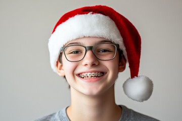 A joyful teenager with glasses and braces grins widely while sporting a red Santa hat. This festive portrait captures the essence of youthful holiday cheer.