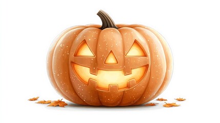 Wall Mural - A clip art of a pumpkin with a glowing jack-oâ€™-lantern face on a white background