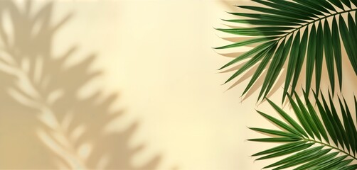 Poster - Bright tropical palm leaves create beautiful backdrop. Gentle shadows add depth. Light cream background offers clean look. Perfect for summer, nature, tropical design. Minimal style makes versatile