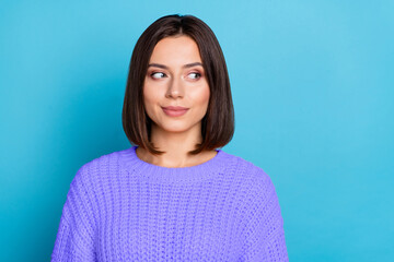 Wall Mural - portrait of attractive girlish cheerful girl looking aside overthinking isolated over bright blue co