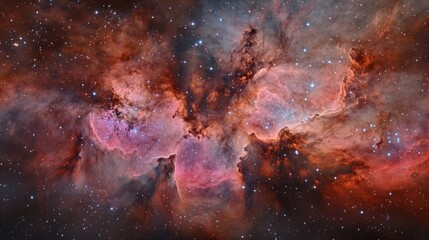Wall Mural - bright nebula illuminated in red, pink and orange, surrounded by twinkling stars space view backgrou