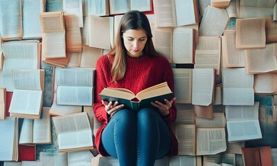 Poster - Young Woman Immersed in Reading Surrounded by Books on Cozy Wall : Generative AI