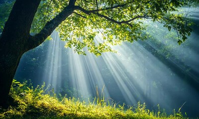 Poster - Sunlight Filtering Through Green Tree Leaves in Mystical Forest Landscape : Generative AI